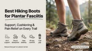 Close-up of hiking boots on a trail, highlighting support and comfort features for plantar fasciitis relief. Perfect footwear for outdoor enthusiasts with foot pain issues.