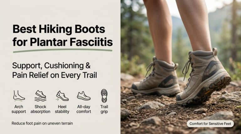 Close-up of hiking boots on a trail, highlighting support and comfort features for plantar fasciitis relief. Perfect footwear for outdoor enthusiasts with foot pain issues.