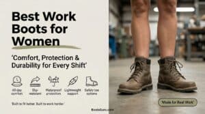 Close-up of women's work boots in a workshop setting, highlighting durability and comfort for demanding jobs.