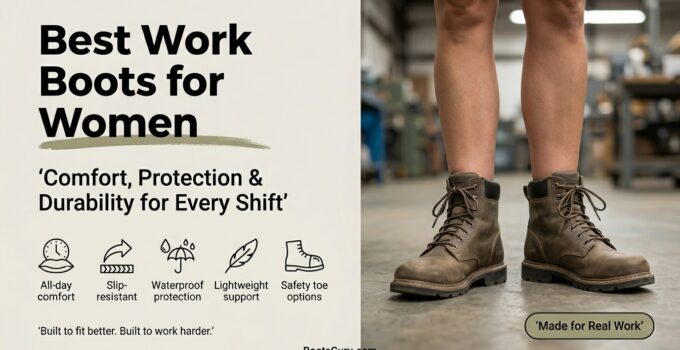 Close-up of women's work boots in a workshop setting, highlighting durability and comfort for demanding jobs.