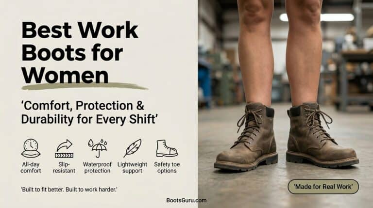 Close-up of women's work boots in a workshop setting, highlighting durability and comfort for demanding jobs.