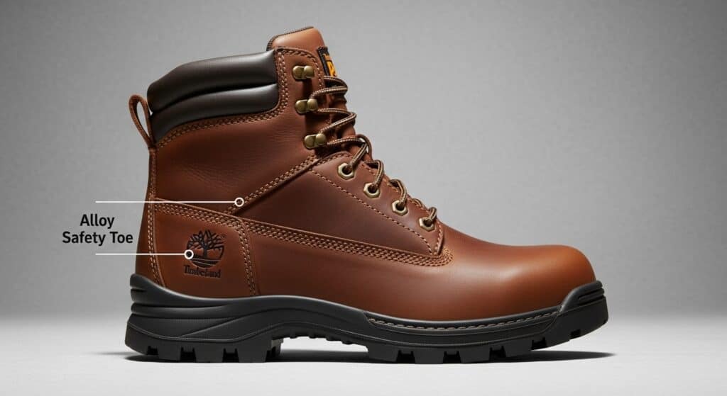 Durable Timberland work boot with alloy safety toe, rugged leather upper, and slip-resistant outsole for optimal safety and comfort. Perfect for construction, industrial, and outdoor work environments.