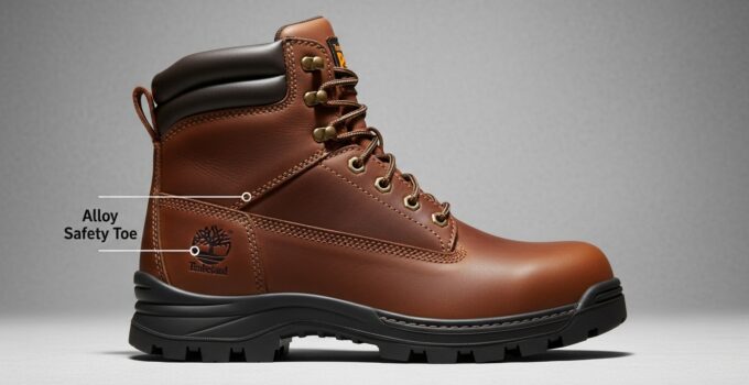 Durable Timberland work boot with alloy safety toe, rugged leather upper, and slip-resistant outsole for optimal safety and comfort. Perfect for construction, industrial, and outdoor work environments.