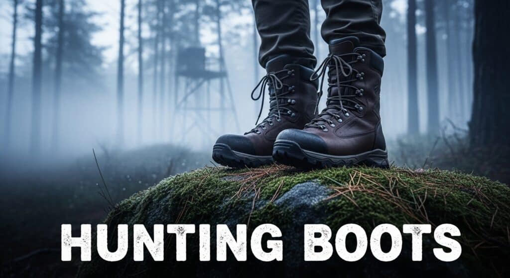 Sturdy hunting boots on a mossy forest log.