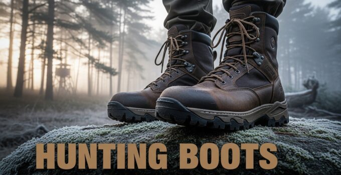 Sturdy hunting boots in a frosty forest scene.