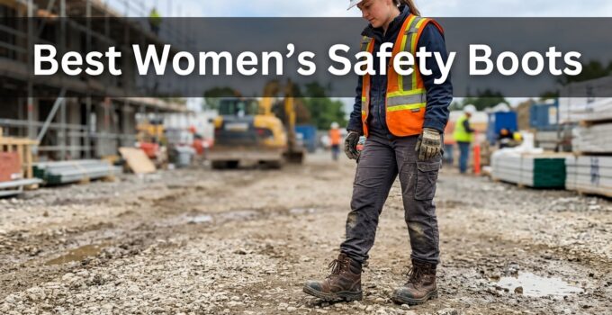 Female construction worker wearing safety boots and high-visibility vest on a construction site, emphasizing safety footwear for women.
