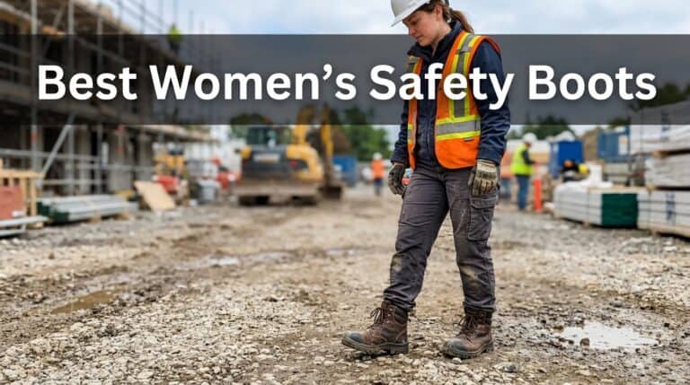 Female construction worker wearing safety boots and high-visibility vest on a construction site, emphasizing safety footwear for women.