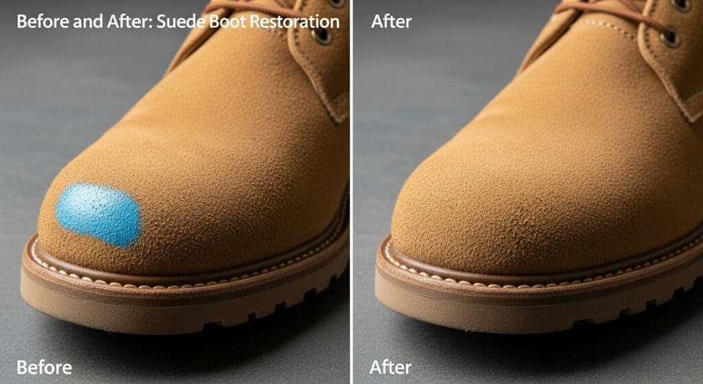 Suede boot restoration before and after comparison of cleaning paint.