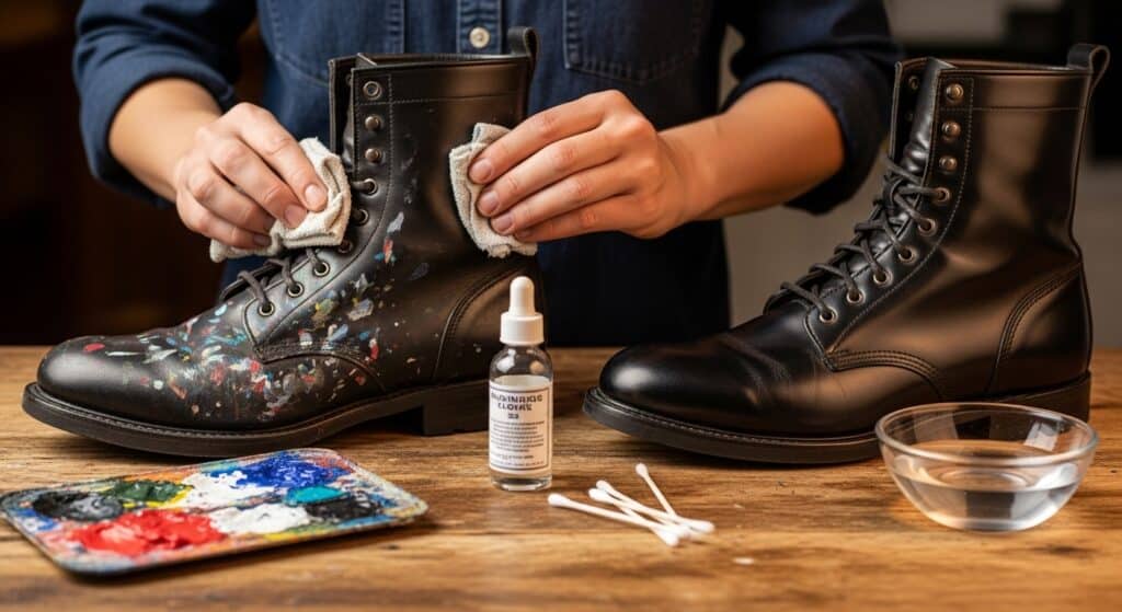 Cleaning paint-splattered boots with a cloth and solution.