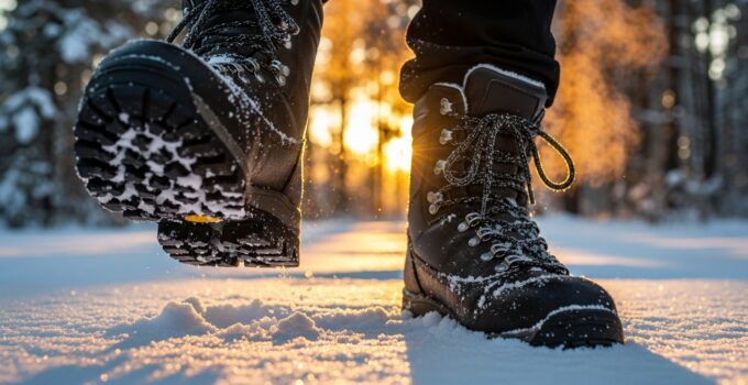 Person walking in snow wearing black boots.