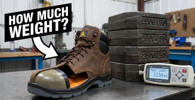 Steel toe boot with weights for testing durability.