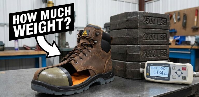 Steel toe boot with weights for testing durability.