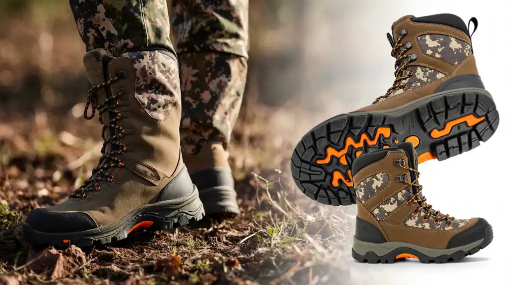 Camouflage hiking boots with rugged soles, outdoor setting.