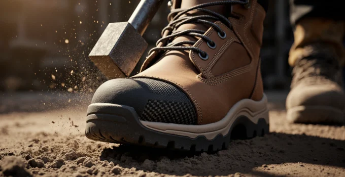 Close-up of sturdy work boot on dirt