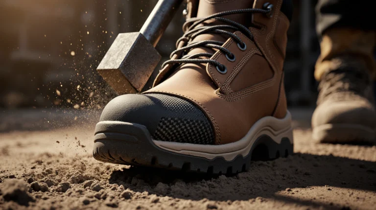 Close-up of sturdy work boot on dirt
