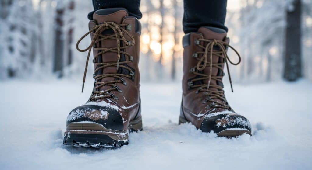 Brown hiking boots in snowy winter forest trail.