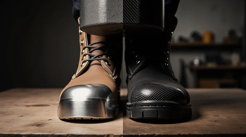 Side-by-side view of two safety boots.