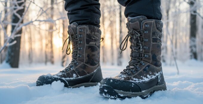 Winter boots in snowy forest setting.