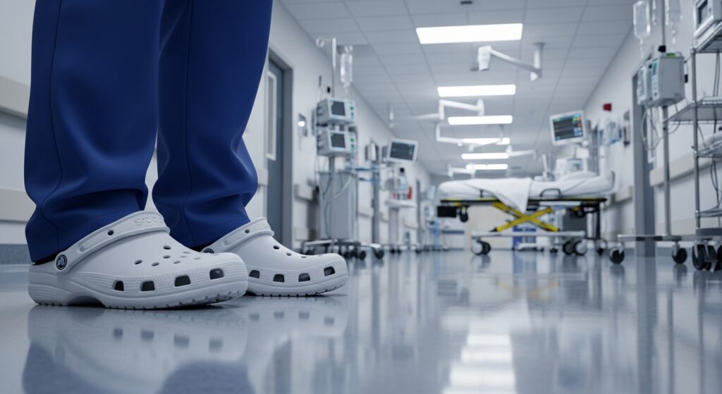 Healthcare professional in white clogs in hospital corridor.