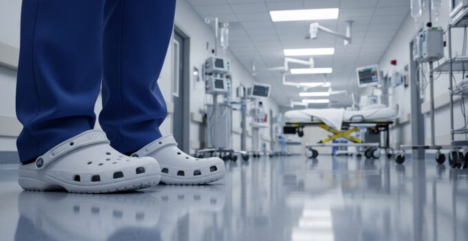 Healthcare professional in white clogs in hospital corridor.