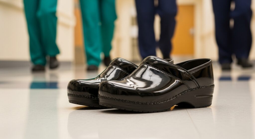 Black clogs on a hospital floor.