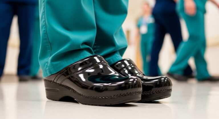 Black shiny clogs worn by healthcare professionals