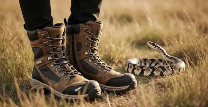 Durable brown and black hiking boots with sturdy soles for outdoor adventures, shown alongside a non-venomous snake on grassy terrain, emphasizing outdoor gear, wildlife safety, and rugged style.