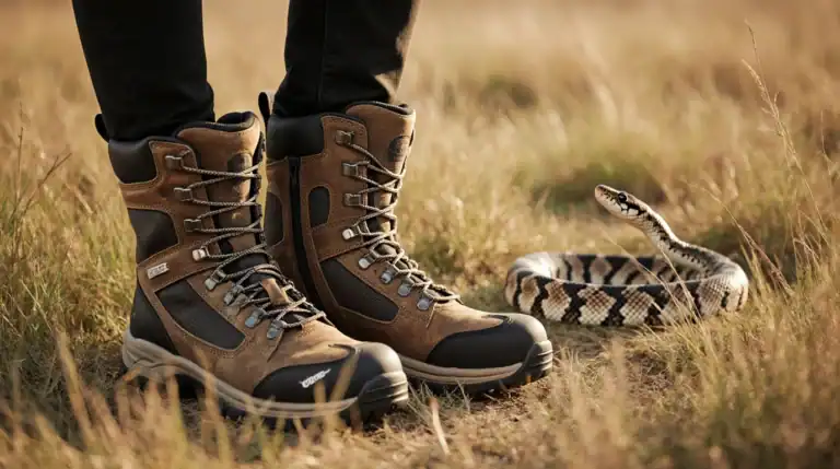 Durable brown and black hiking boots with sturdy soles for outdoor adventures, shown alongside a non-venomous snake on grassy terrain, emphasizing outdoor gear, wildlife safety, and rugged style.