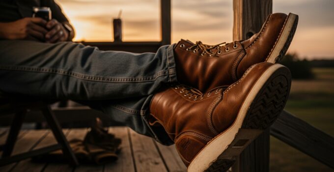 Close-up of brown boots at sunset