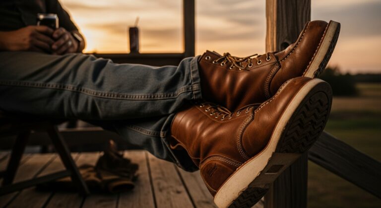 Close-up of brown boots at sunset