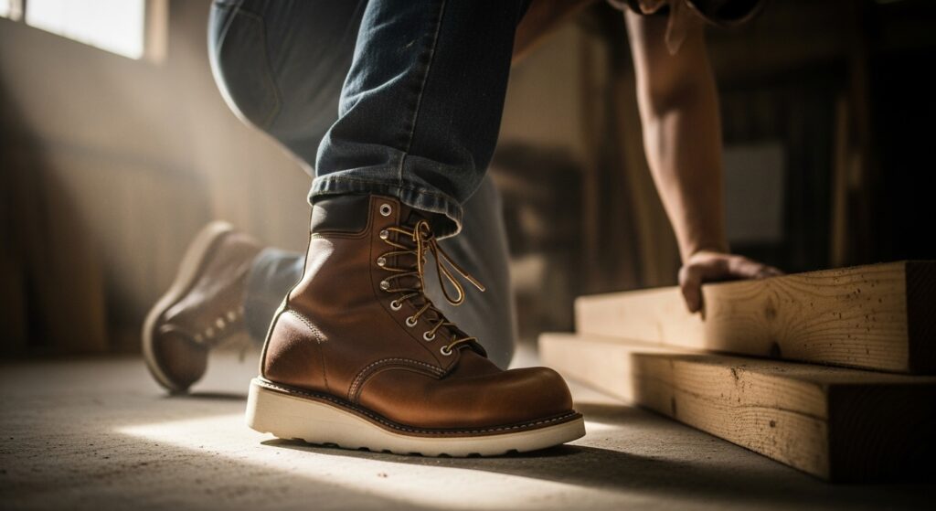 Close-up of sturdy brown work boot on wood