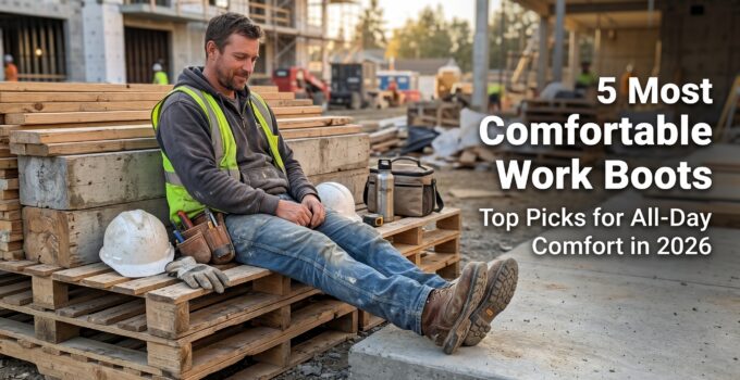 Man sitting on wooden pallets at construction site wearing comfortable work boots, highlighting top picks for all-day comfort in 2026.