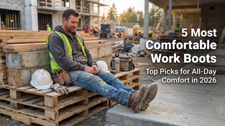 Man sitting on wooden pallets at construction site wearing comfortable work boots, highlighting top picks for all-day comfort in 2026.