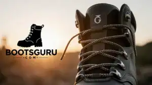 Premium hiking boots with sunset background branding logo.