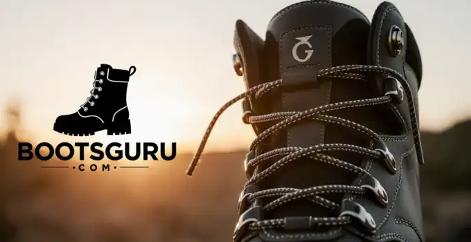 Premium hiking boots with sunset background branding logo.