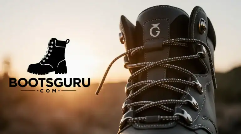 Premium hiking boots with sunset background branding logo.