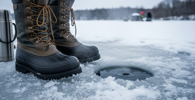 Ice fishing boots beside drilled hole on frozen lake.