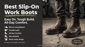 Close-up of durable slip-on work boots suitable for tough jobs, highlighting comfort and reliability for professional workers.
