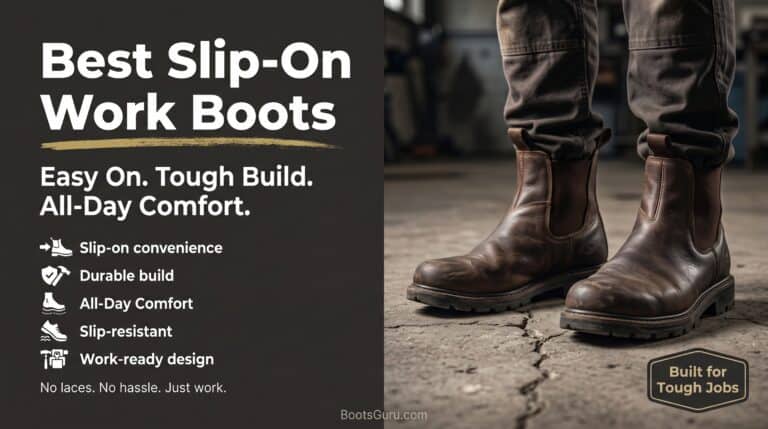 Close-up of durable slip-on work boots suitable for tough jobs, highlighting comfort and reliability for professional workers.