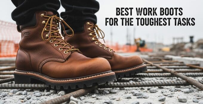 Durable work boots on a construction site gravel ground.