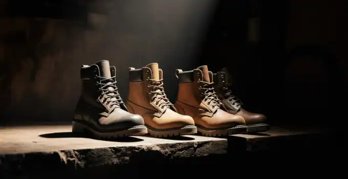 High-quality men's work and hiking boots in black, tan, and brown with durable leather uppers and rugged soles, designed for comfort and performance in outdoor and industrial environments.