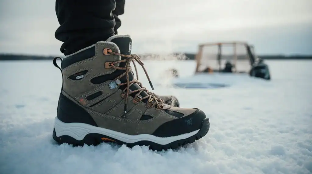 Close up of an ice fishing boot stepping onto icy snow.