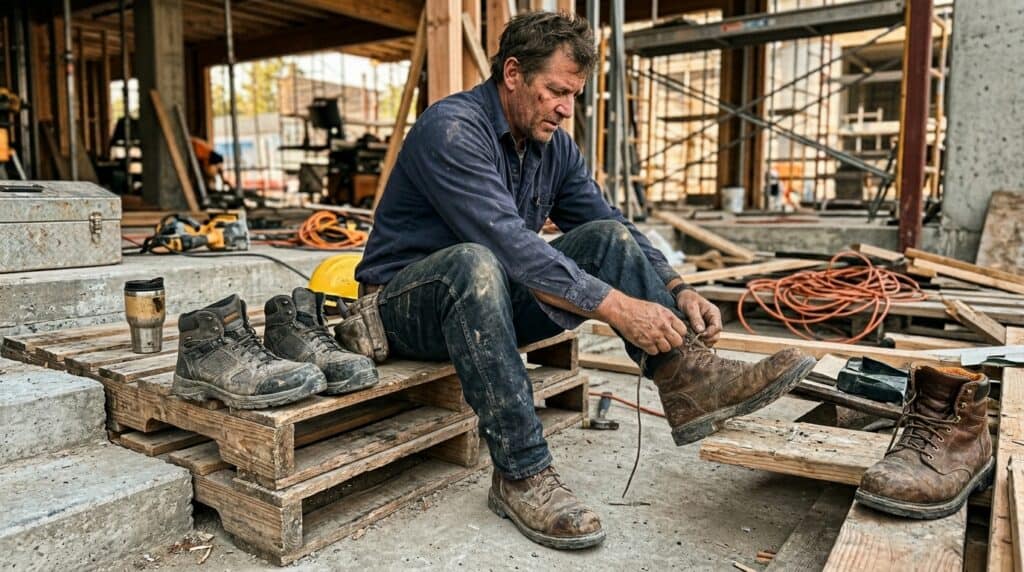 Skilled worker tying his work boots on a construction site, surrounded by building materials and tools, emphasizing durable footwear for construction professionals.