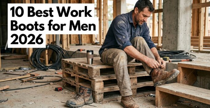 A man wearing durable work boots on a construction site, demonstrating safety and comfort for professional labor.