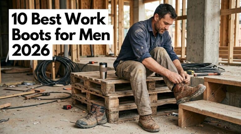 A man wearing durable work boots on a construction site, demonstrating safety and comfort for professional labor.