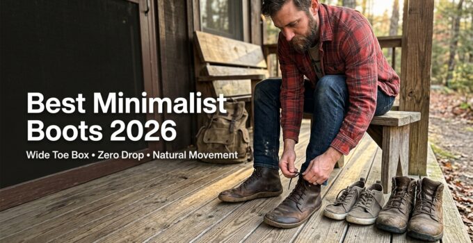 Man tying minimalist boots outdoors on a wooden porch, showcasing stylish, simple footwear ideal for modern, casual wear.