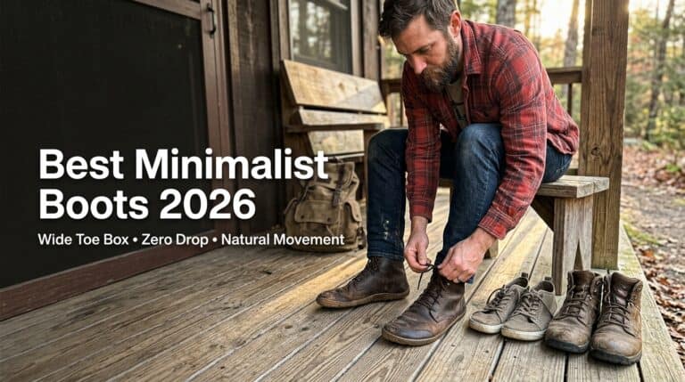 Man tying minimalist boots outdoors on a wooden porch, showcasing stylish, simple footwear ideal for modern, casual wear.