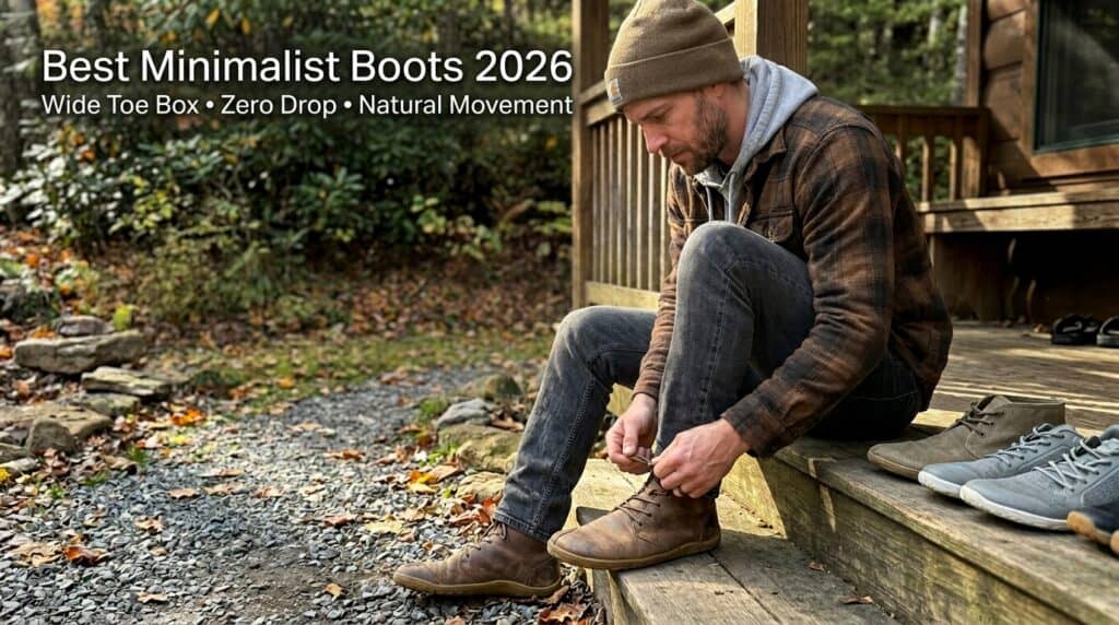 Man tying minimalist boots outdoors on wooden steps, showcasing stylish and functional footwear for natural movement and modern fashion.