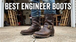 Durable leather engineer boots with sturdy soles and metal buckles, perfect for workwear and casual fashion.