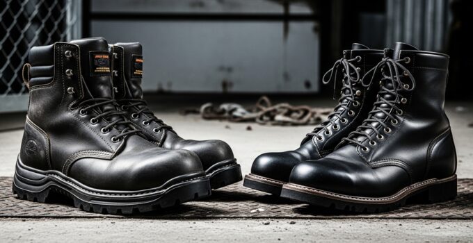 Two pairs of black work boots displayed together.